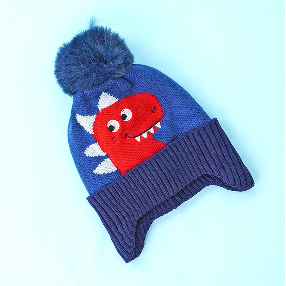 2pcs Blue Red Face Dino themed Beanie Winter Cap with matching Neck Cuff style Muffler for Kids