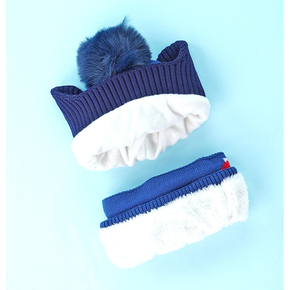 2pcs Blue Red Face Dino themed Beanie Winter Cap with matching Neck Cuff style Muffler for Kids