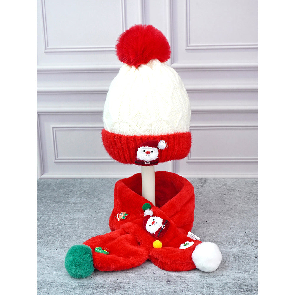 2pcs Red Santa Christmas themed Winter Cap Beanie with matching Long style Neck Muffler for Kids, 3-10 Years
