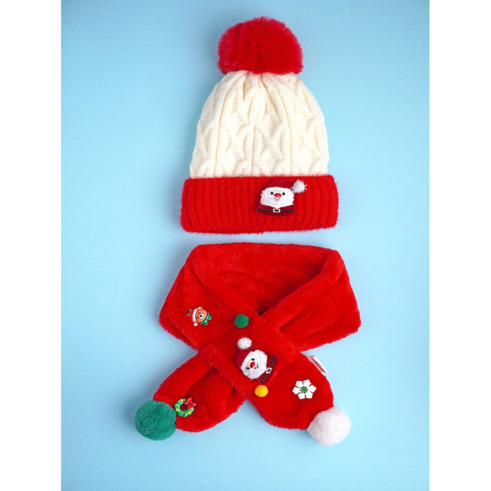 2pcs Red Santa Christmas themed Winter Cap Beanie with matching Long style Neck Muffler for Kids, 3-10 Years