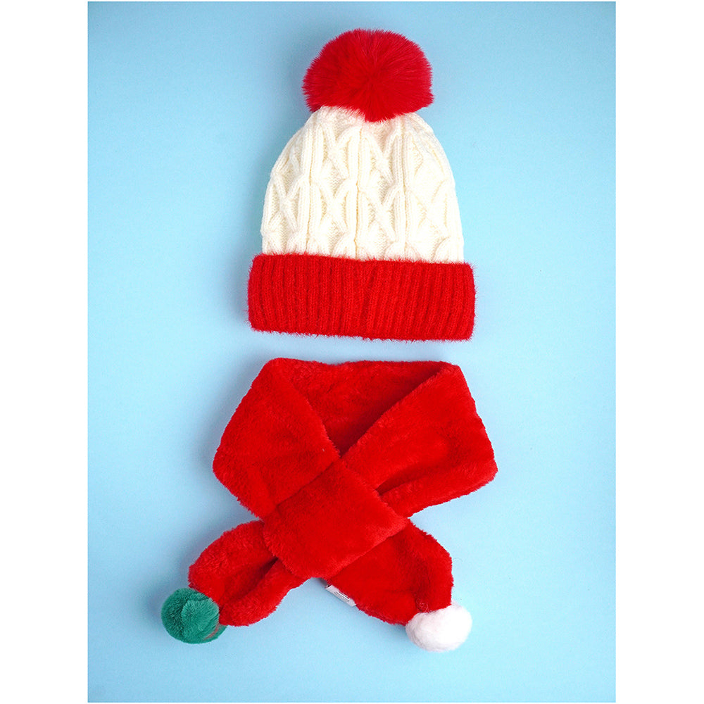 2pcs Red Santa Christmas themed Winter Cap Beanie with matching Long style Neck Muffler for Kids, 3-10 Years