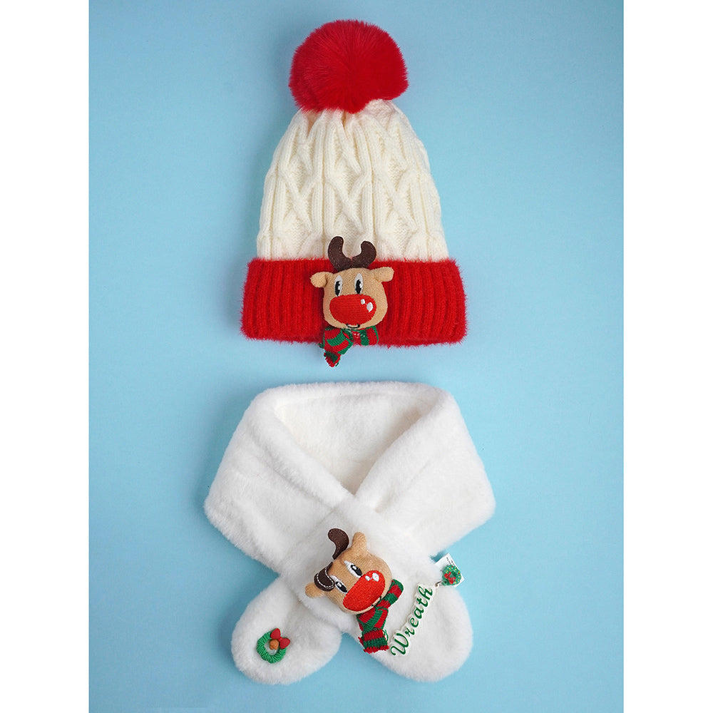 2pcs White Reindeer themed Winter Cap Beanie with matching Long style Neck Muffler for Kids, 3-10 Years