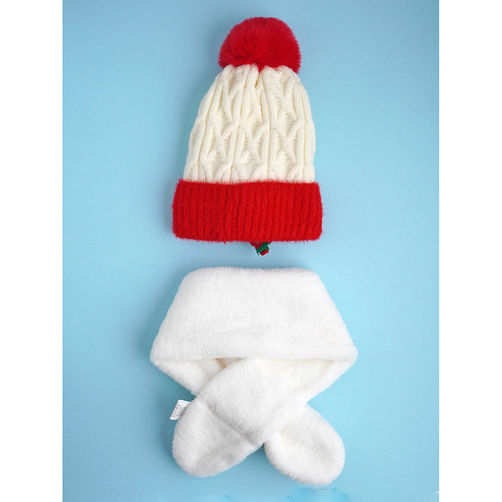 2pcs White Reindeer themed Winter Cap Beanie with matching Long style Neck Muffler for Kids, 3-10 Years