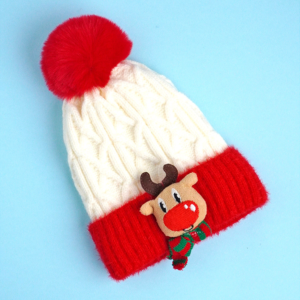 2pcs White Reindeer themed Winter Cap Beanie with matching Long style Neck Muffler for Kids, 3-10 Years