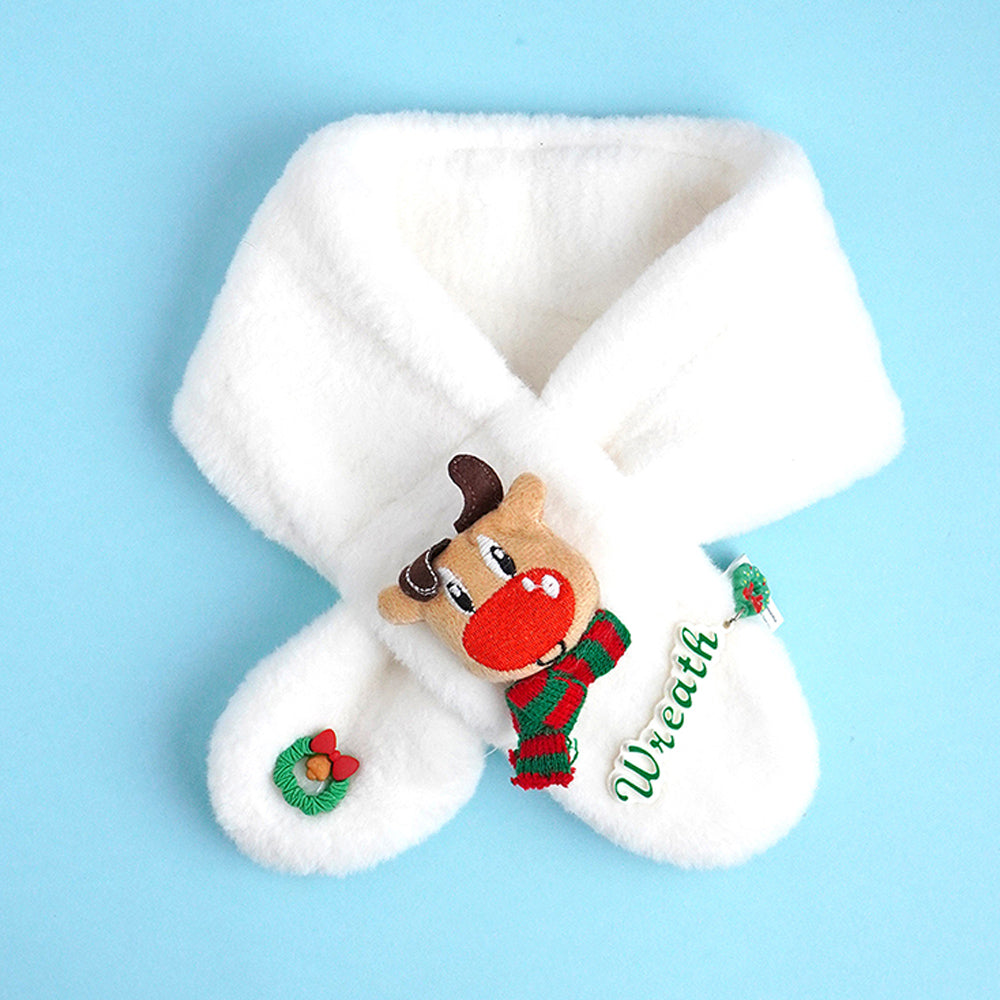 2pcs White Reindeer themed Winter Cap Beanie with matching Long style Neck Muffler for Kids, 3-10 Years
