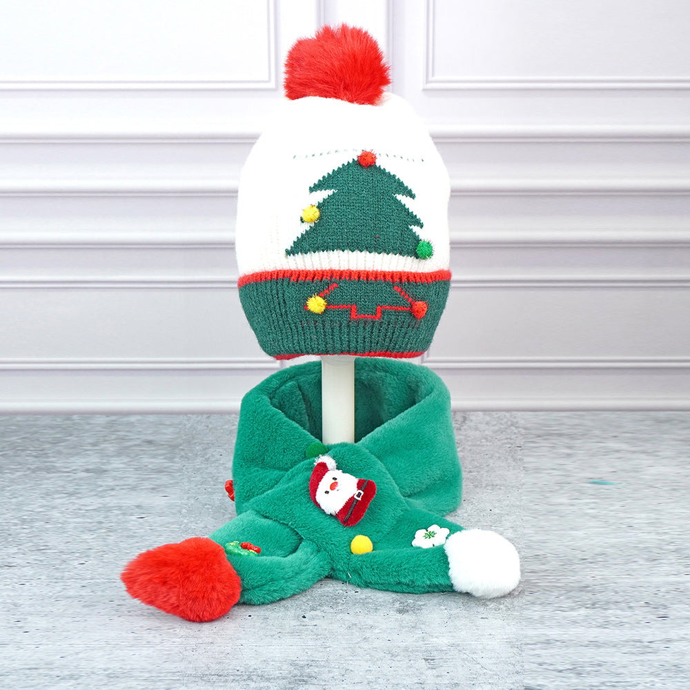 2pcs White and Green Tree Christmas themed Winter Cap Beanie with matching Long style Neck Muffler for Kids, 3-10 Years