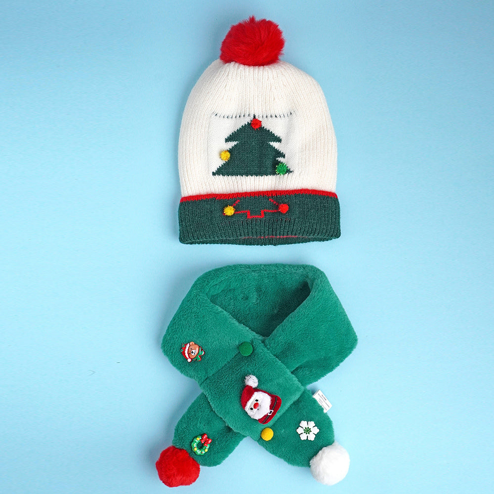 2pcs White and Green Tree Christmas themed Winter Cap Beanie with matching Long style Neck Muffler for Kids, 3-10 Years