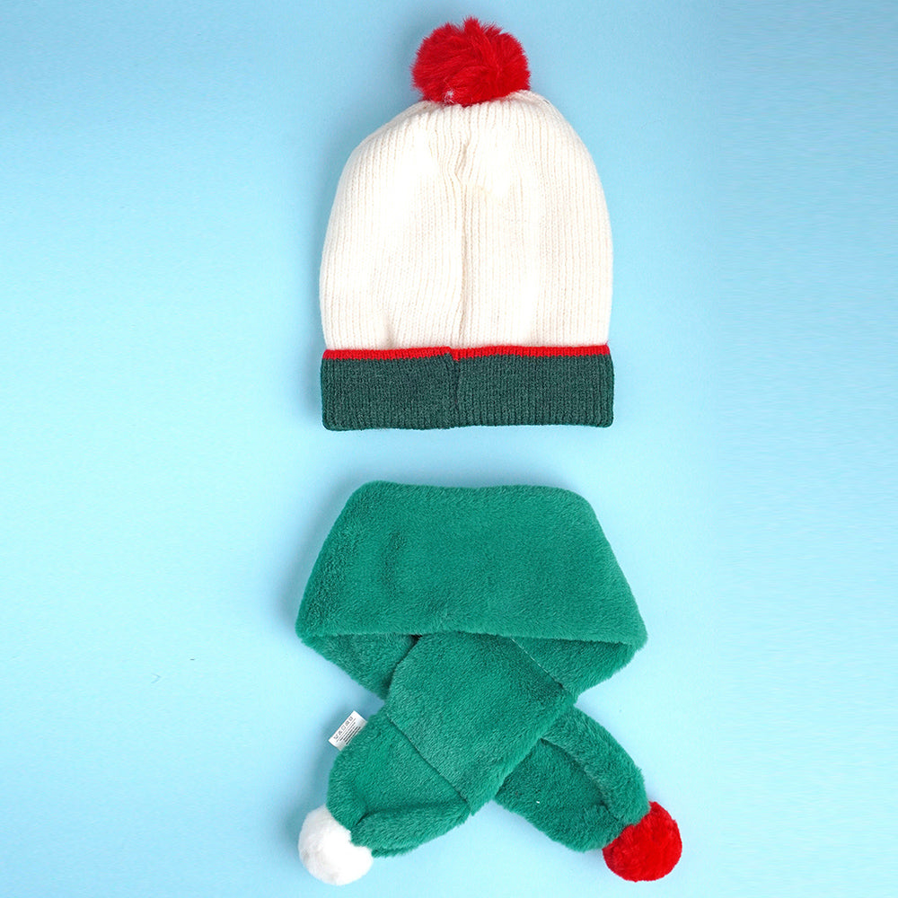 2pcs White and Green Tree Christmas themed Winter Cap Beanie with matching Long style Neck Muffler for Kids, 3-10 Years
