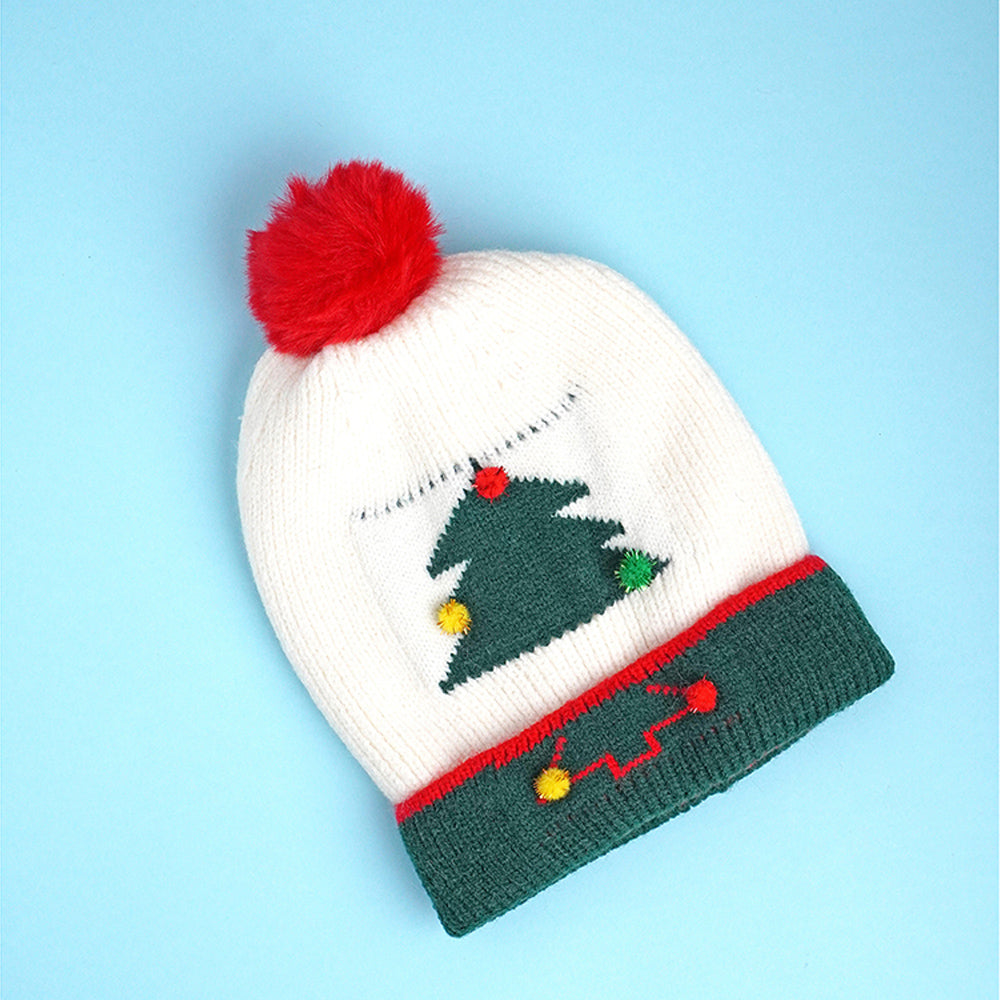 2pcs White and Green Tree Christmas themed Winter Cap Beanie with matching Long style Neck Muffler for Kids, 3-10 Years