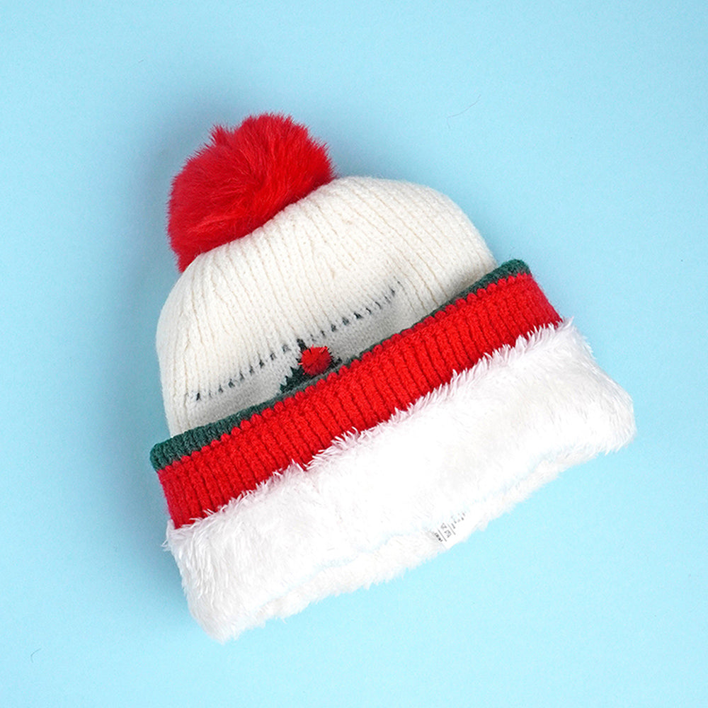2pcs White and Green Tree Christmas themed Winter Cap Beanie with matching Long style Neck Muffler for Kids, 3-10 Years