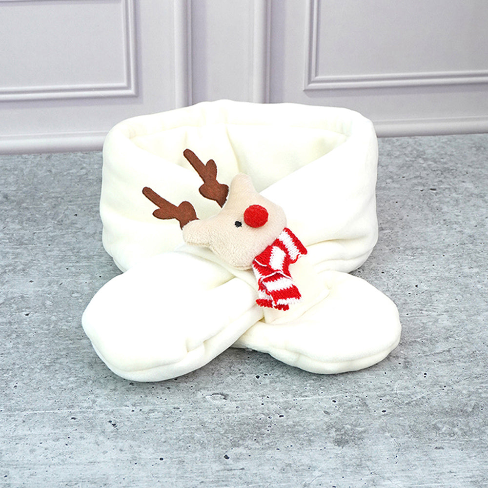 2pcs White, Red Nose Reindeer themed Winter Cap Beanie with matching Long style Neck Muffler for Kids, 3-10 Years