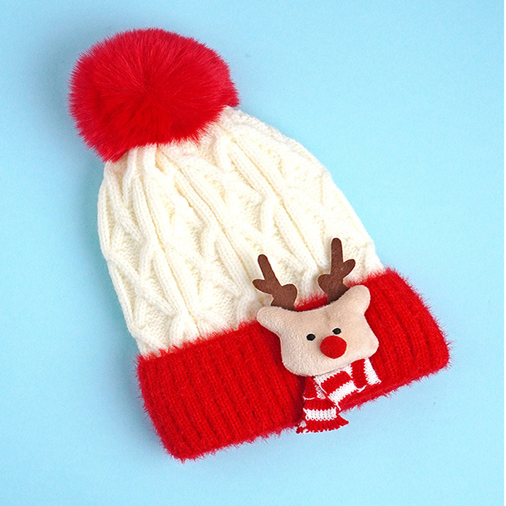 2pcs White, Red Nose Reindeer themed Winter Cap Beanie with matching Long style Neck Muffler for Kids, 3-10 Years