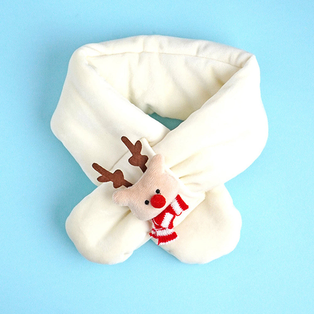 2pcs White, Red Nose Reindeer themed Winter Cap Beanie with matching Long style Neck Muffler for Kids, 3-10 Years