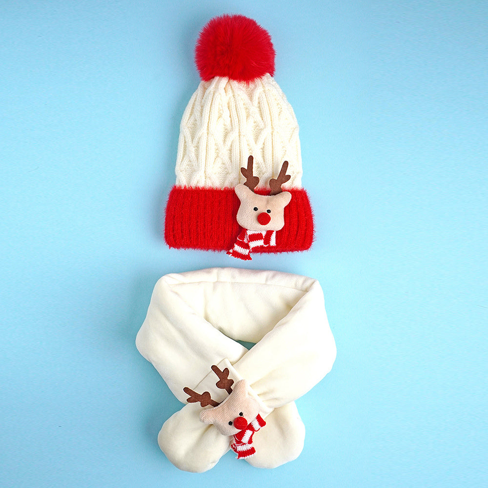 2pcs White, Red Nose Reindeer themed Winter Cap Beanie with matching Long style Neck Muffler for Kids, 3-10 Years