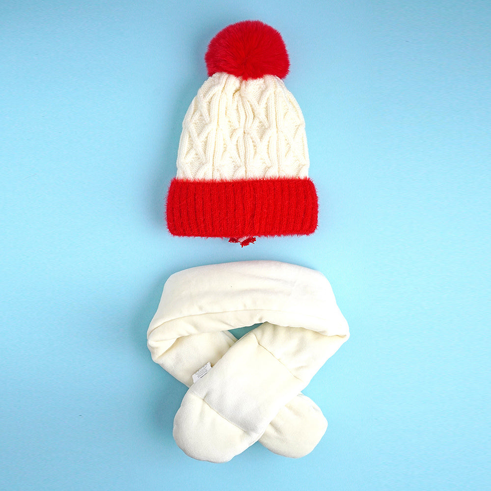 2pcs White, Red Nose Reindeer themed Winter Cap Beanie with matching Long style Neck Muffler for Kids, 3-10 Years