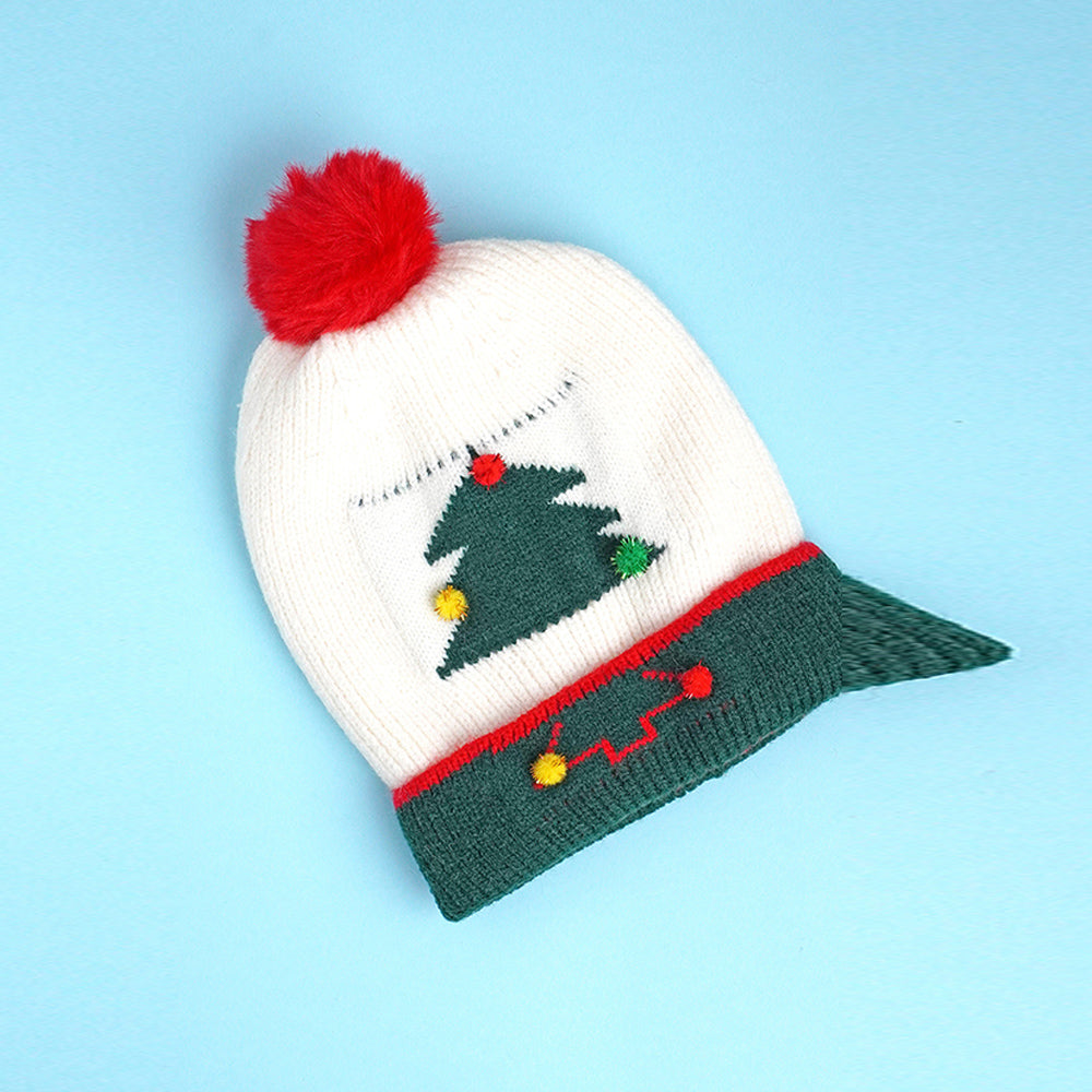 2pcs White & Red Tree Christmas themed Winter Cap Beanie with matching Long style Neck Muffler for Kids, 3-10 Years