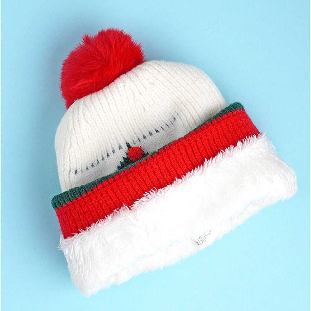 2pcs White & Red Tree Christmas themed Winter Cap Beanie with matching Long style Neck Muffler for Kids, 3-10 Years