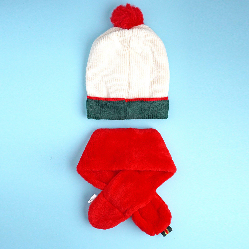 2pcs White & Red Tree Christmas themed Winter Cap Beanie with matching Long style Neck Muffler for Kids, 3-10 Years