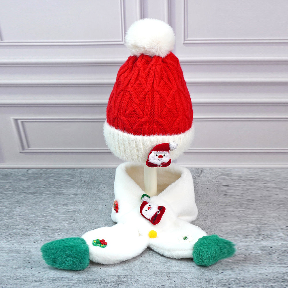 2pcs White Santa Christmas themed Winter Cap Beanie with matching Long style Neck Muffler for Kids, 3-10 Years
