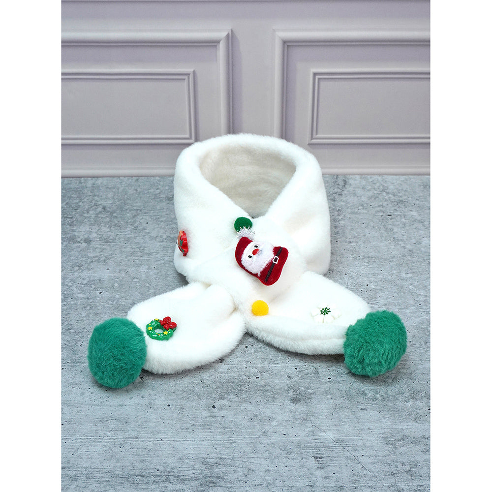 2pcs White Santa Christmas themed Winter Cap Beanie with matching Long style Neck Muffler for Kids, 3-10 Years