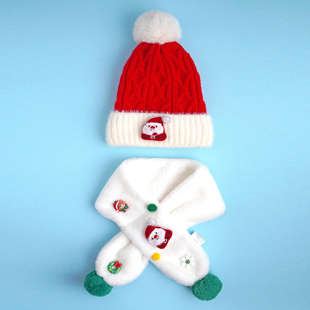 2pcs White Santa Christmas themed Winter Cap Beanie with matching Long style Neck Muffler for Kids, 3-10 Years