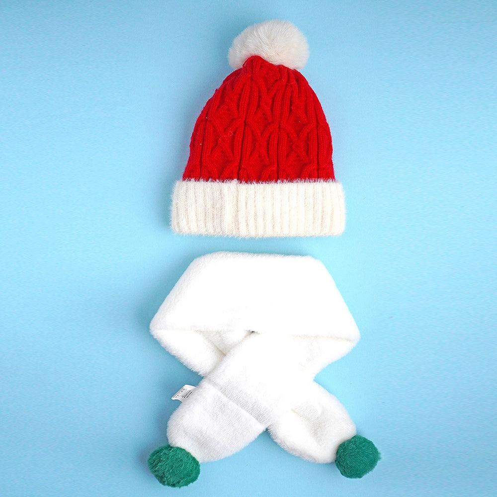 2pcs White Santa Christmas themed Winter Cap Beanie with matching Long style Neck Muffler for Kids, 3-10 Years