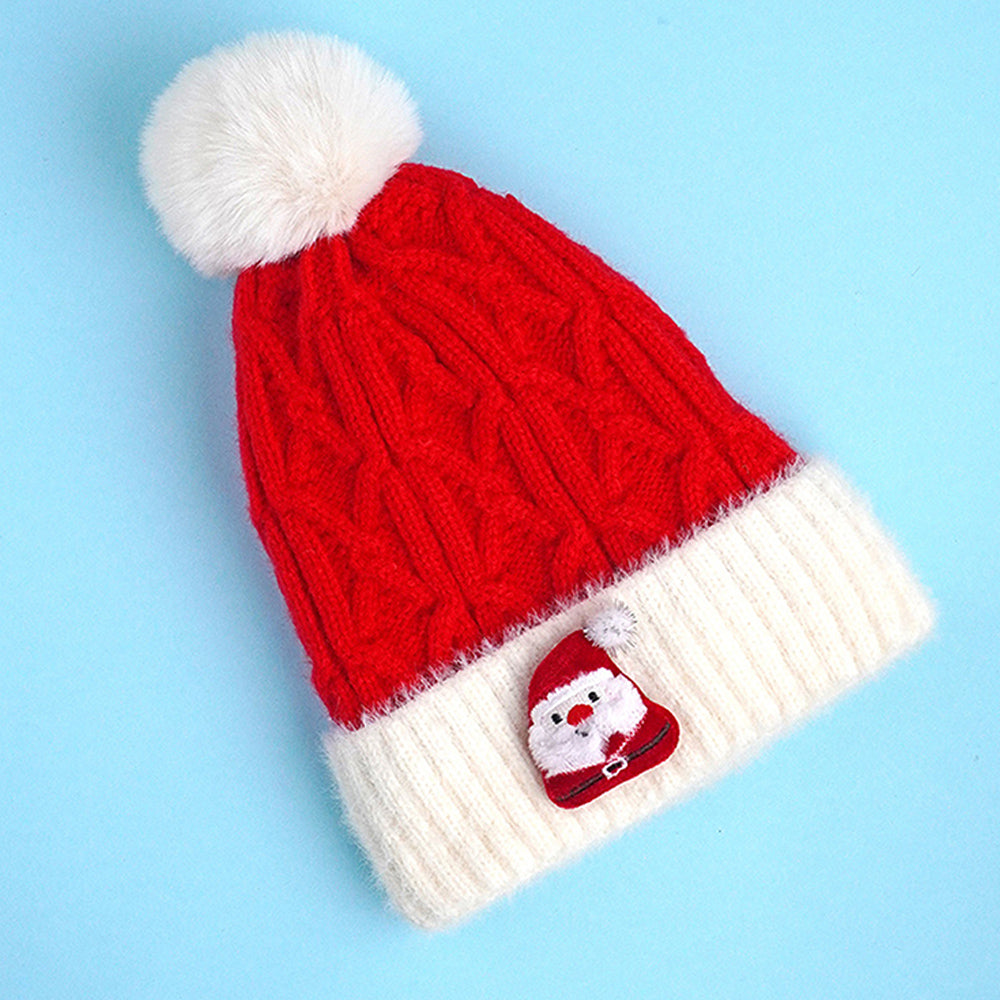 2pcs White Santa Christmas themed Winter Cap Beanie with matching Long style Neck Muffler for Kids, 3-10 Years