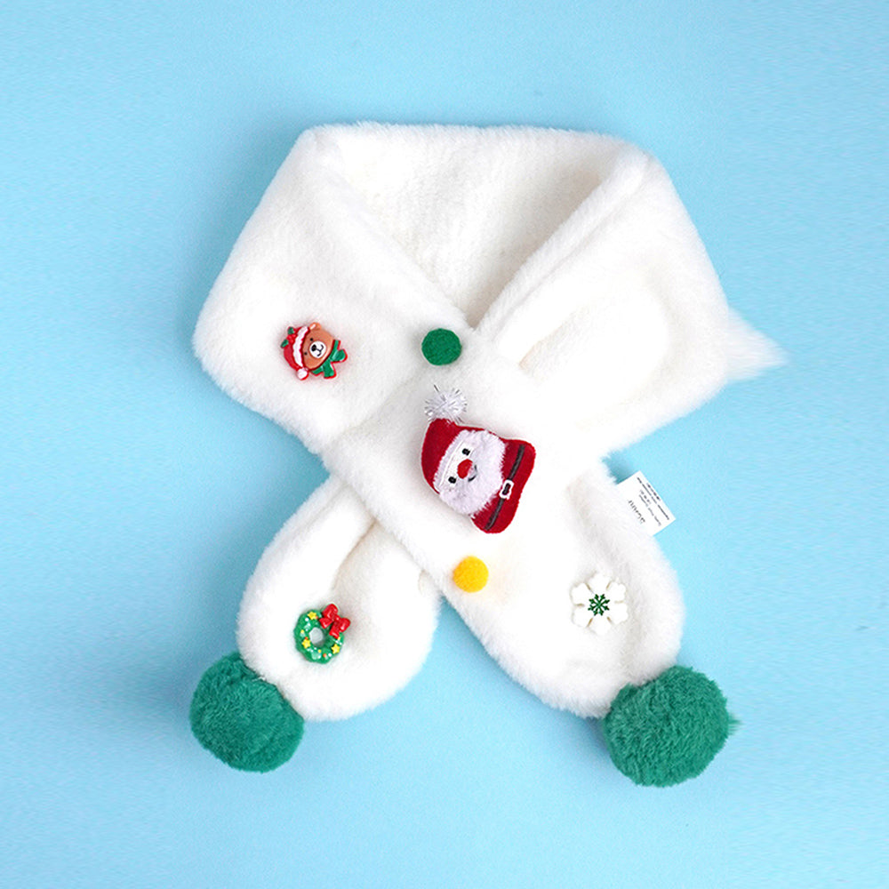 2pcs White Santa Christmas themed Winter Cap Beanie with matching Long style Neck Muffler for Kids, 3-10 Years