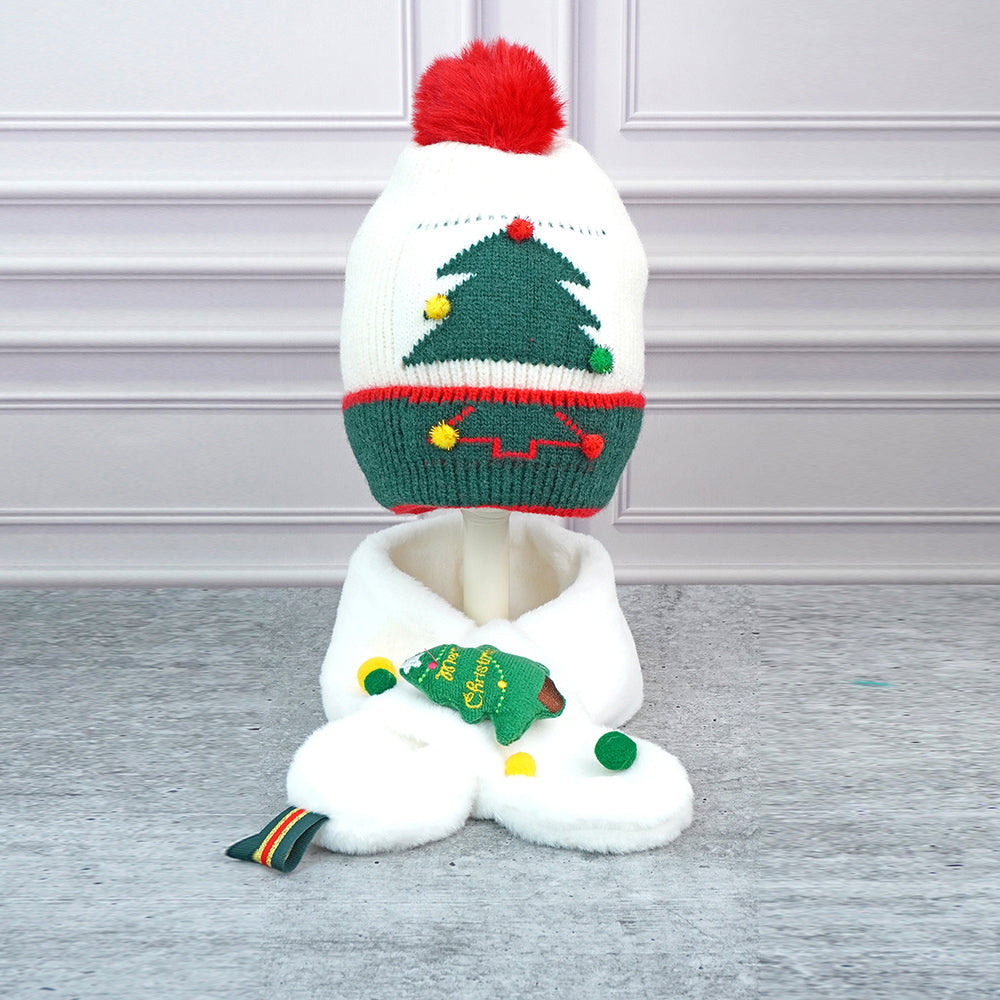 2pcs White Tree Christmas themed Winter Cap Beanie with matching Long style Neck Muffler for Kids, 3-10 Years