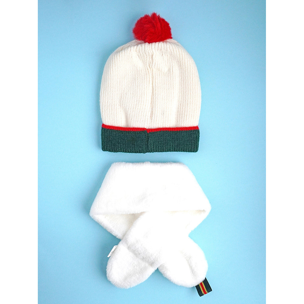 2pcs White Tree Christmas themed Winter Cap Beanie with matching Long style Neck Muffler for Kids, 3-10 Years
