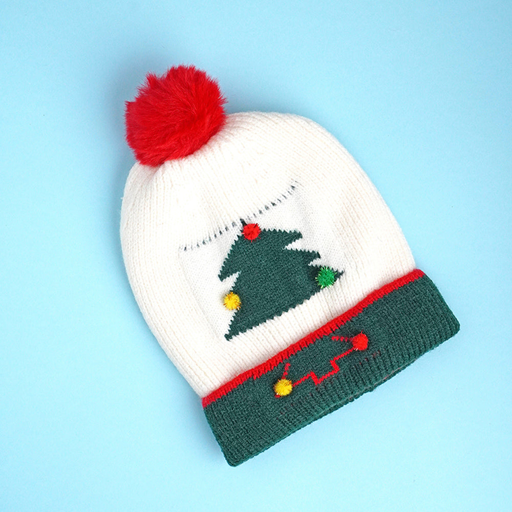 2pcs White Tree Christmas themed Winter Cap Beanie with matching Long style Neck Muffler for Kids, 3-10 Years
