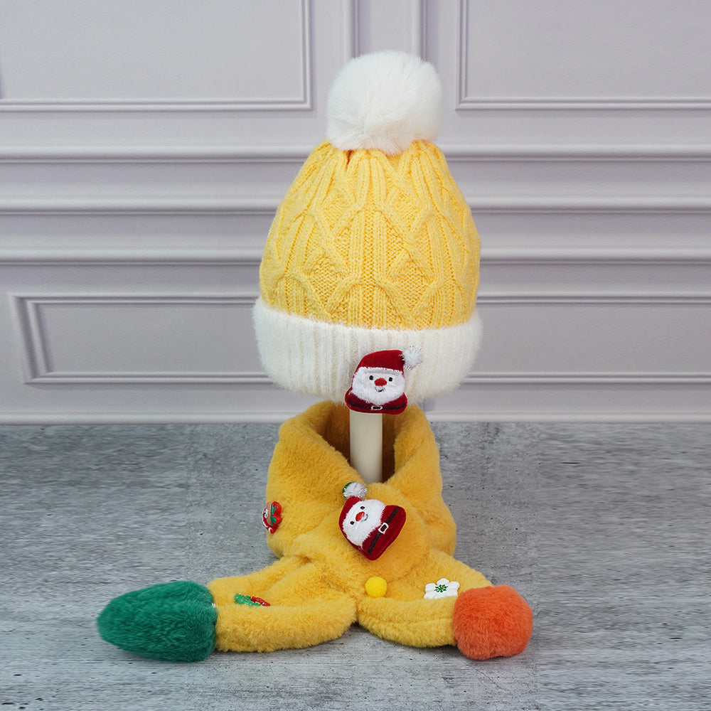 2pcs Yellow Santa Christmas themed Winter Cap Beanie with matching Long style Neck Muffler for Kids, 3-10 Years