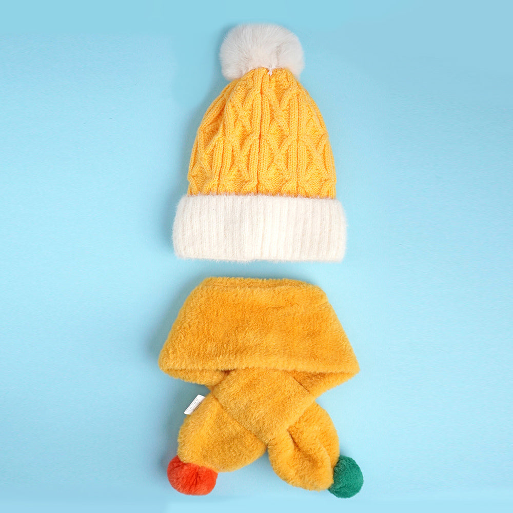 2pcs Yellow Santa Christmas themed Winter Cap Beanie with matching Long style Neck Muffler for Kids, 3-10 Years