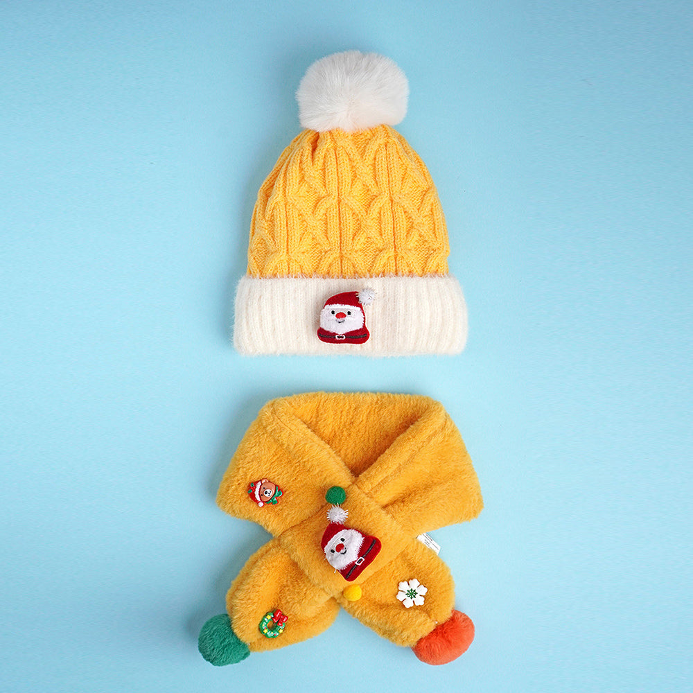 2pcs Yellow Santa Christmas themed Winter Cap Beanie with matching Long style Neck Muffler for Kids, 3-10 Years