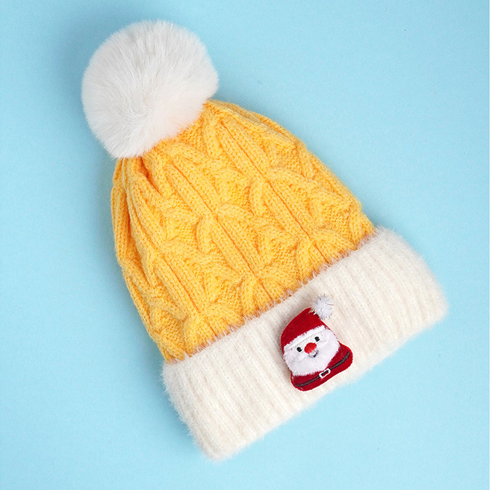 2pcs Yellow Santa Christmas themed Winter Cap Beanie with matching Long style Neck Muffler for Kids, 3-10 Years