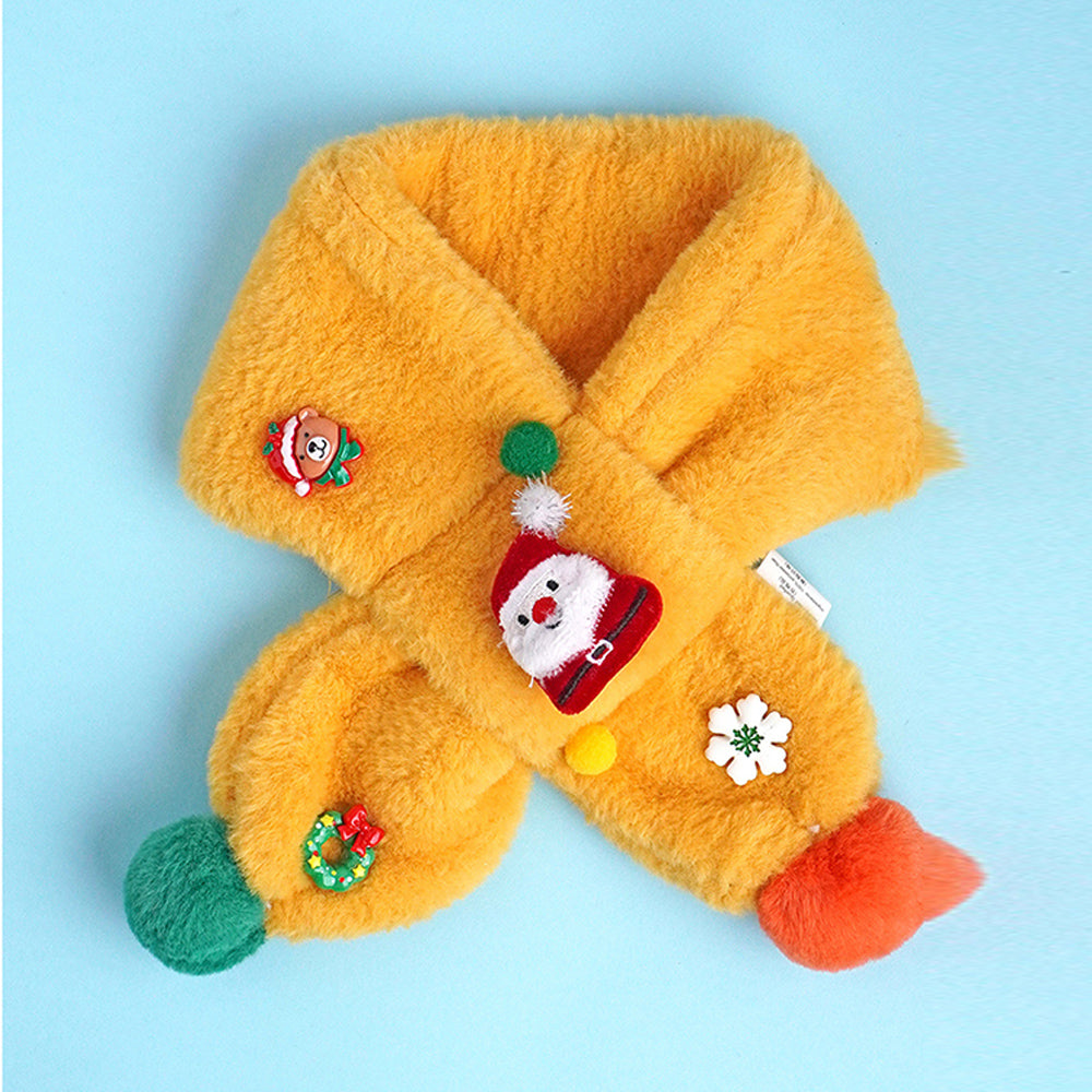 2pcs Yellow Santa Christmas themed Winter Cap Beanie with matching Long style Neck Muffler for Kids, 3-10 Years
