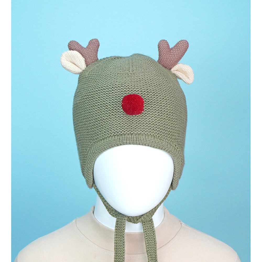 Olive Baby Antler Knitted soft Woolen Winter Cap with tie up, 6-18 months
