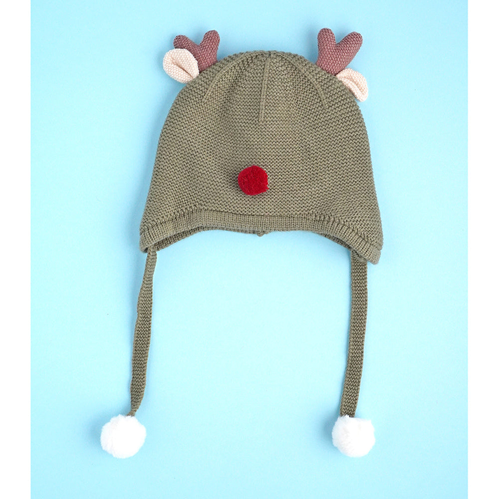 Olive Baby Antler Knitted soft Woolen Winter Cap with tie up, 6-18 months