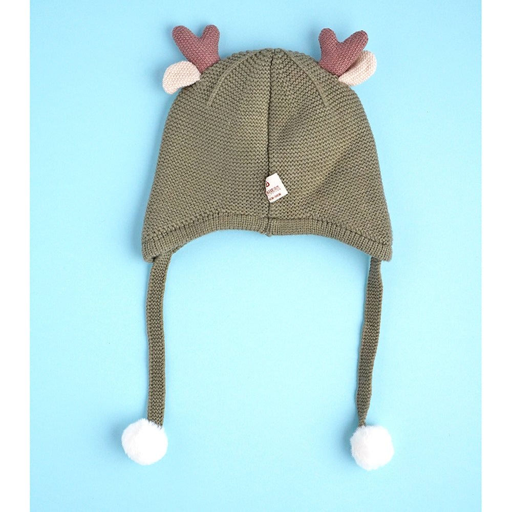 Olive Baby Antler Knitted soft Woolen Winter Cap with tie up, 6-18 months