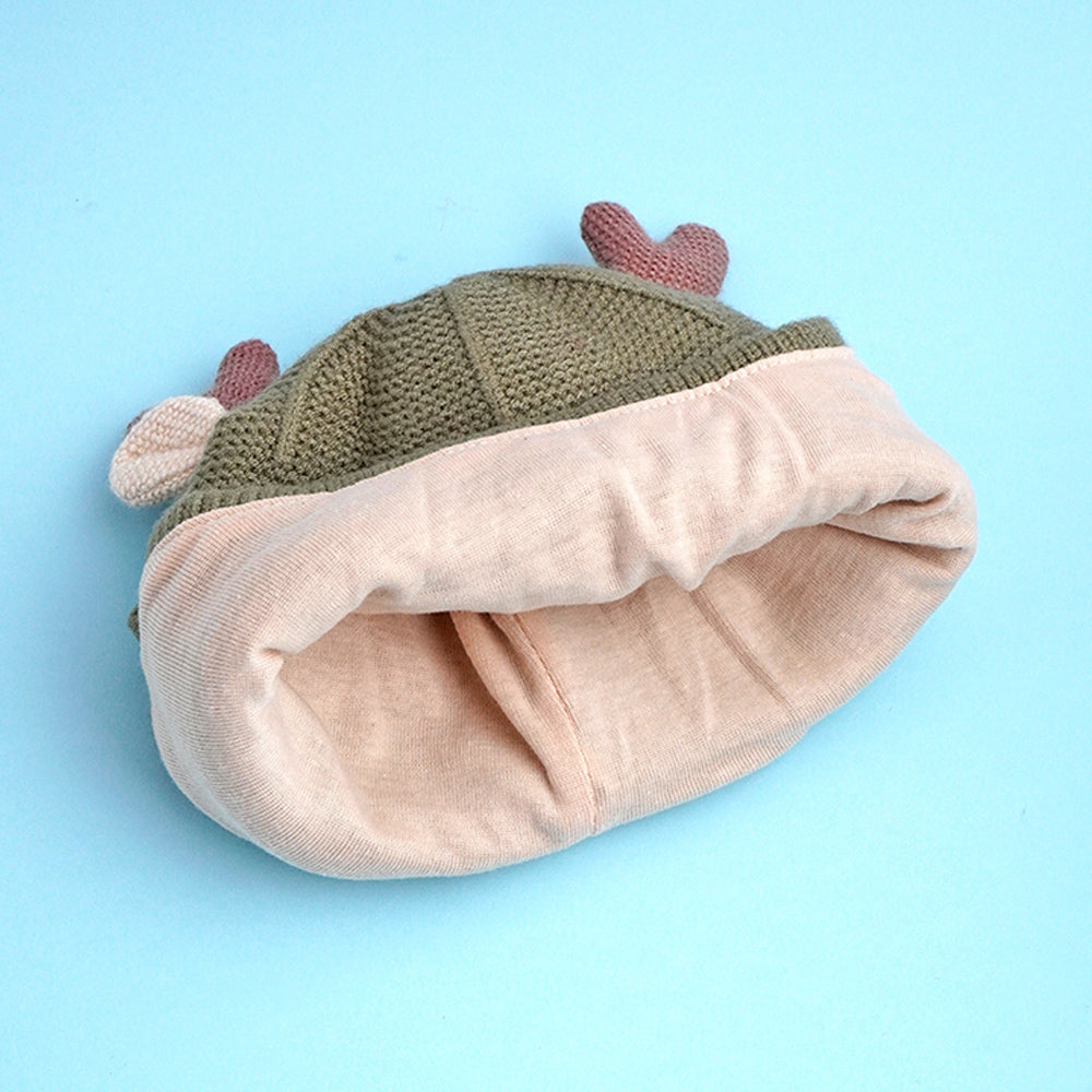 Olive Baby Antler Knitted soft Woolen Winter Cap with tie up, 6-18 months