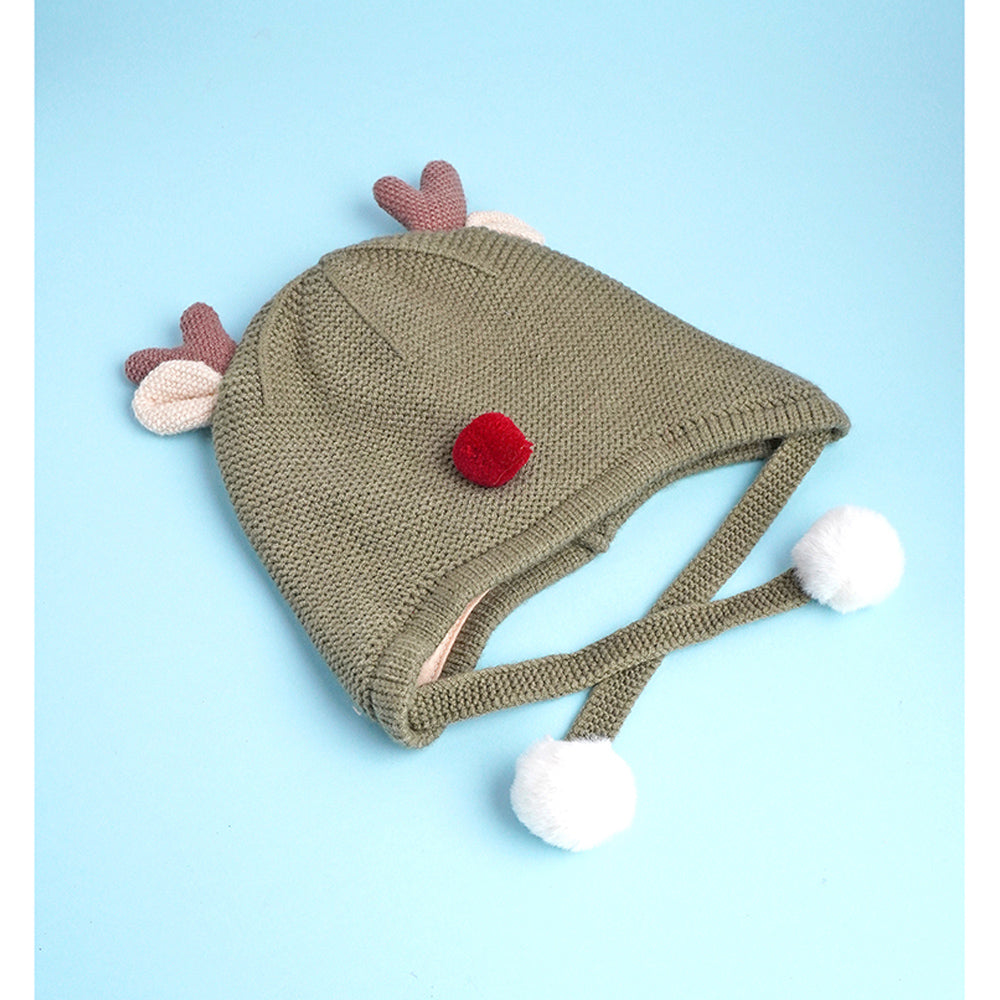 Olive Baby Antler Knitted soft Woolen Winter Cap with tie up, 6-18 months
