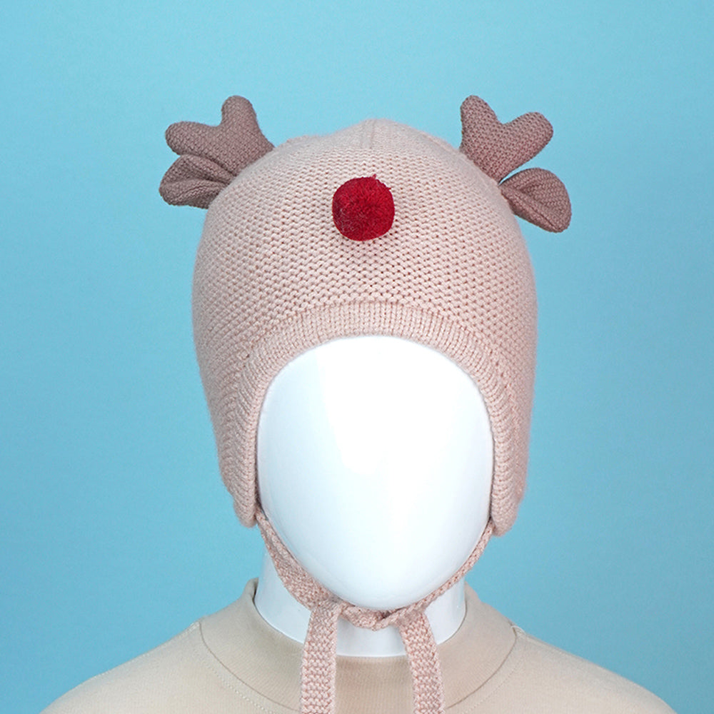 Peach Baby Antler Knitted soft Woolen Winter Cap with tie up, 6-18 months