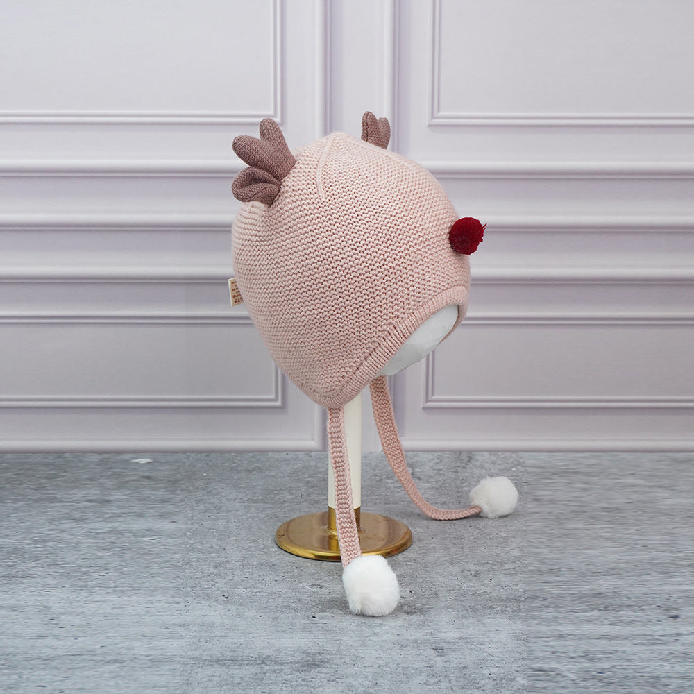 Peach Baby Antler Knitted soft Woolen Winter Cap with tie up, 6-18 months