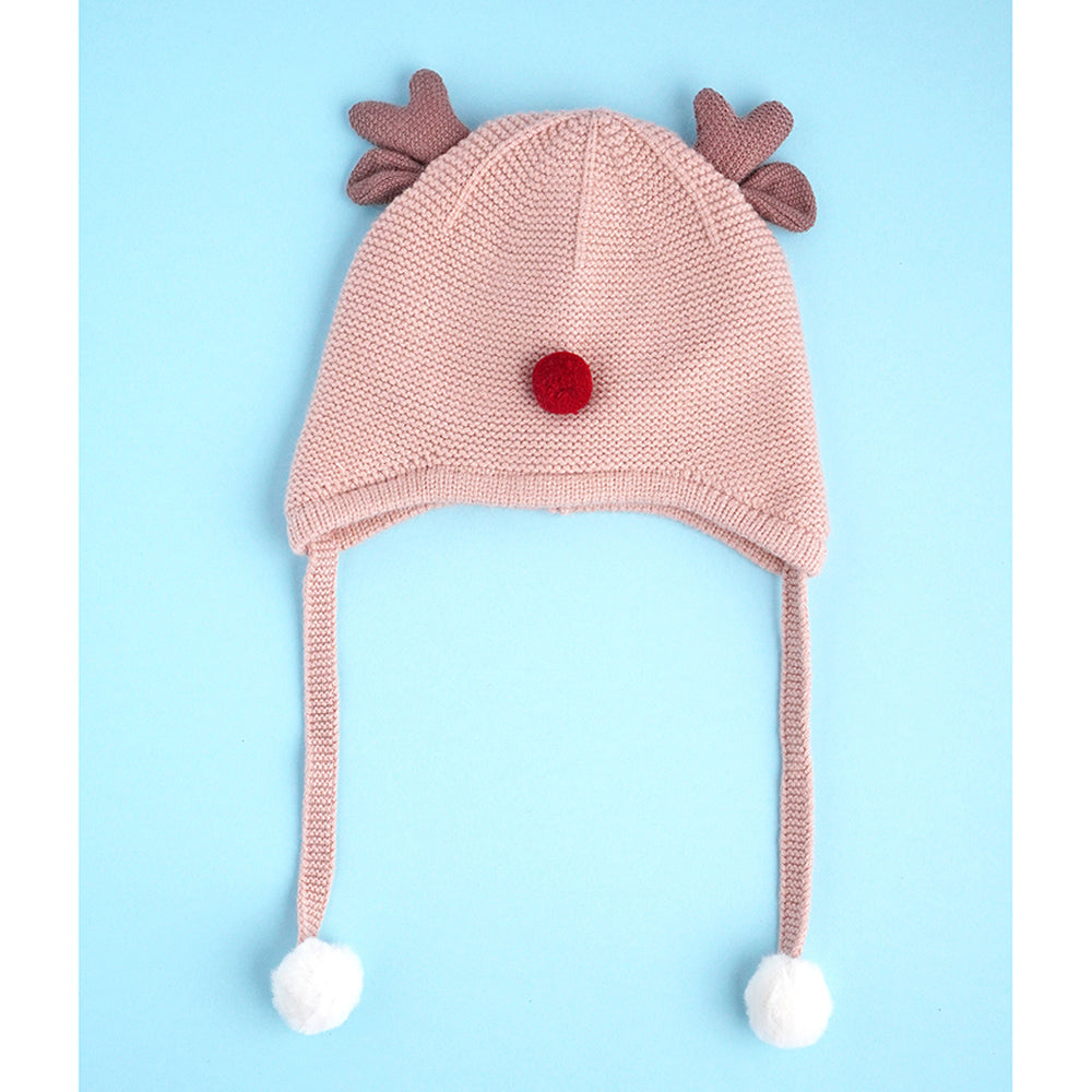 Peach Baby Antler Knitted soft Woolen Winter Cap with tie up, 6-18 months