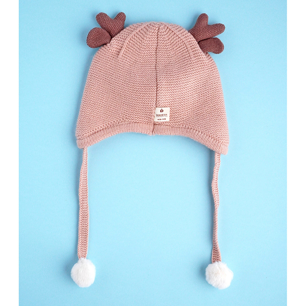 Peach Baby Antler Knitted soft Woolen Winter Cap with tie up, 6-18 months