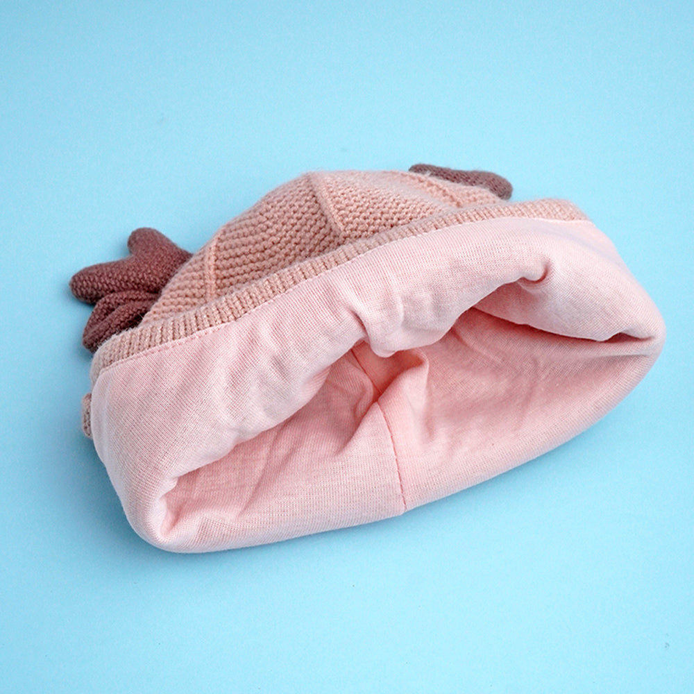 Peach Baby Antler Knitted soft Woolen Winter Cap with tie up, 6-18 months