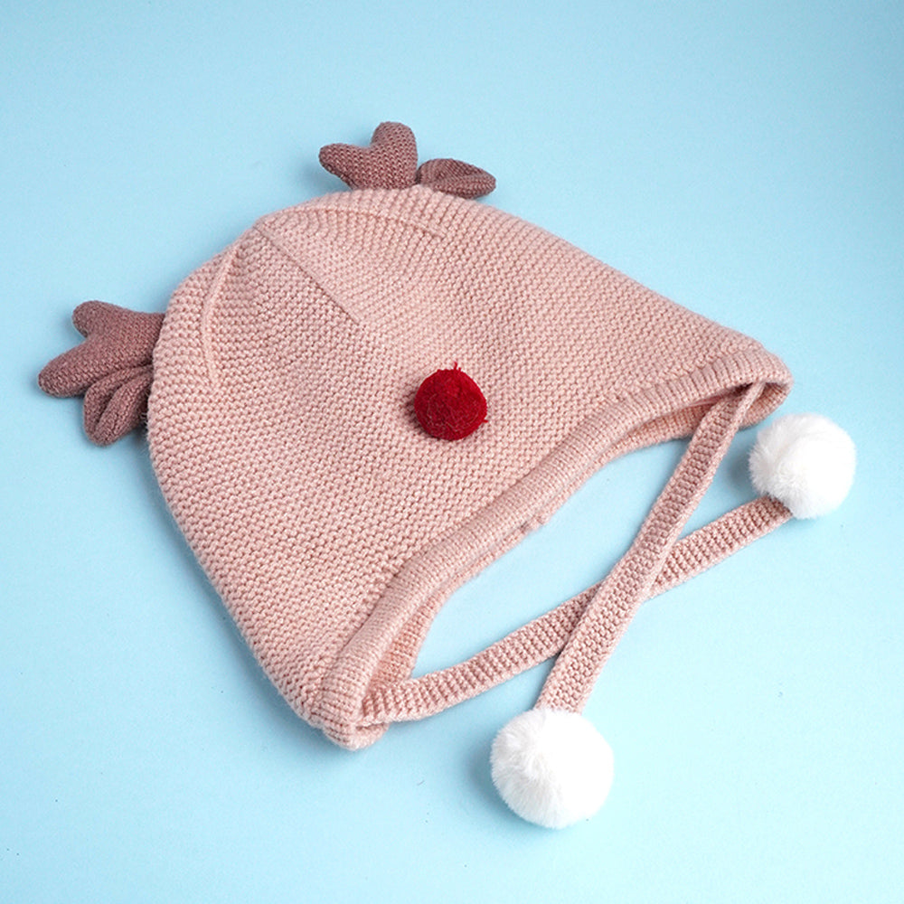 Peach Baby Antler Knitted soft Woolen Winter Cap with tie up, 6-18 months