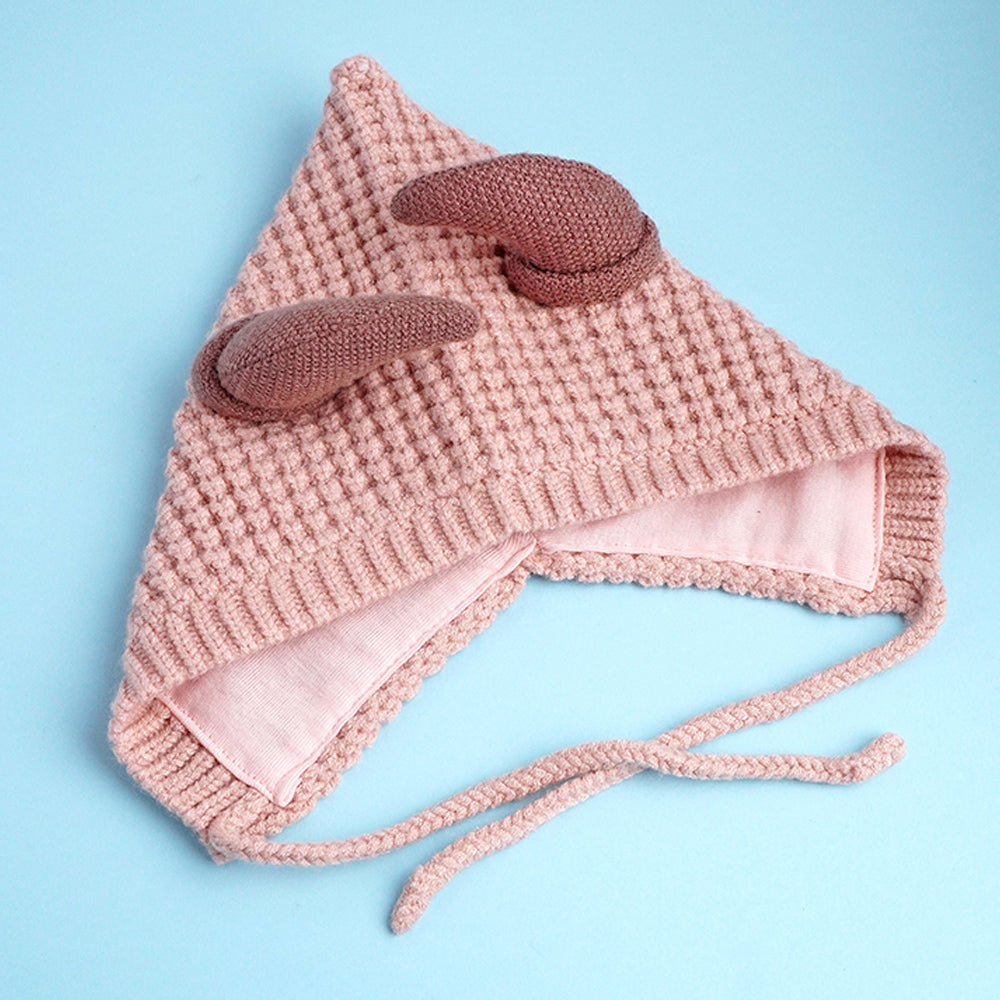 Peach Baby Horns Knitted soft Woolen Winter Cap with tie up, 6-18 months