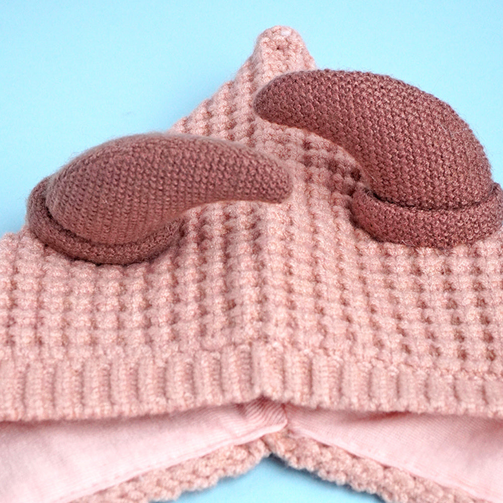 Peach Baby Horns Knitted soft Woolen Winter Cap with tie up, 6-18 months