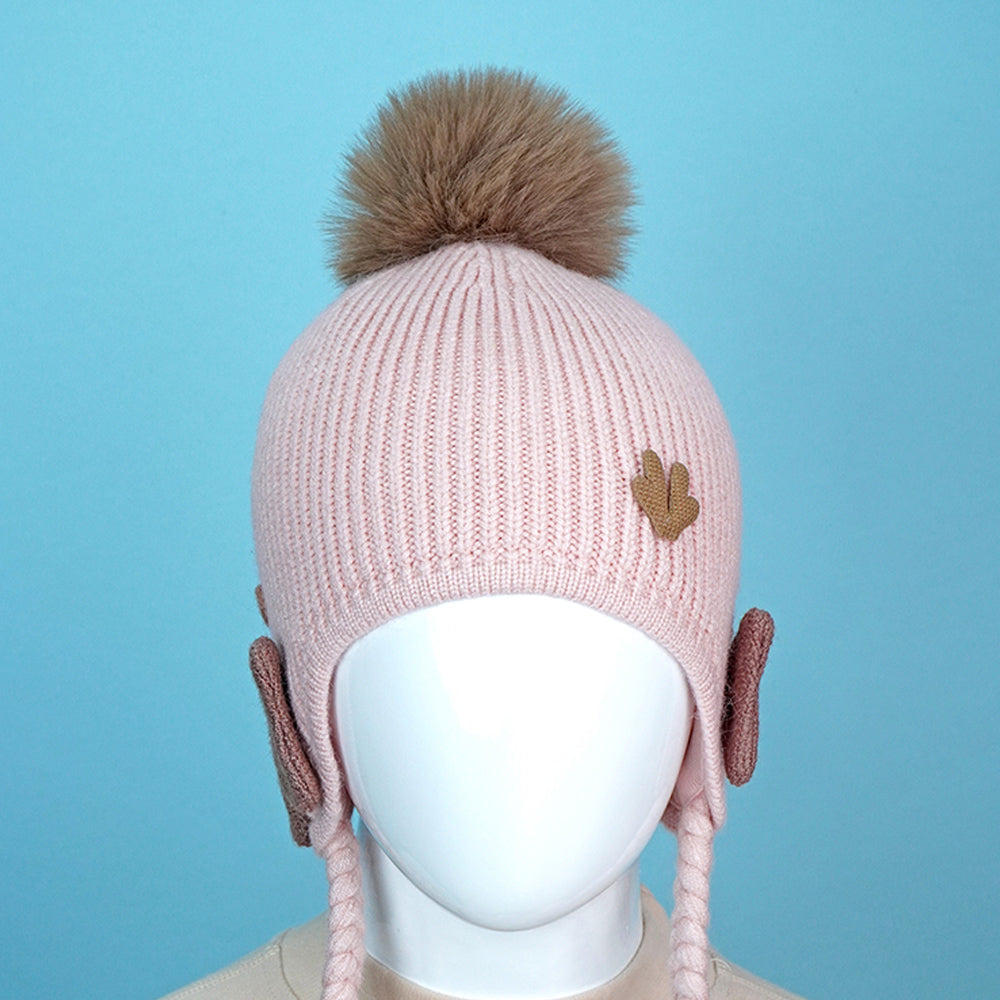 Pink Butterfly Knitted soft Woolen Winter Cap with tie up, 6-18 months